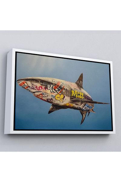 Harita Sepeti Pânză cu rechin graffiti cu cadru alb, pictură pop art