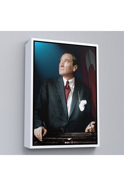 Harita Sepeti Ataturk Portrait Painting with White Frame Mustafa Kemal Atatürk Rectangular Decorative Canvas Painting