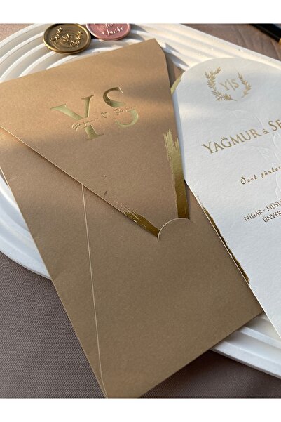 emindijital Sarı Zarflı Oval Düğün Nişan Nikah Kına Davetiyesi 50 Adet