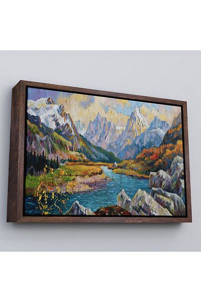 Harita Sepeti White Framed Caucasian Mountains Scenic Oil Painting View Decorative Canvas Wall Painting
