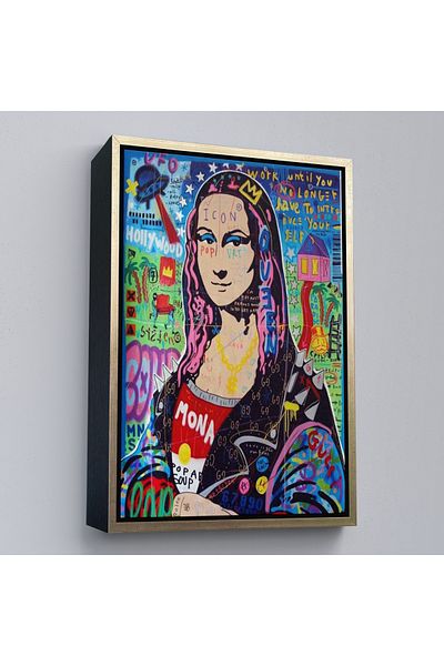 Harita Sepeti Πολύχρωμος πίνακας Banksy Mona Lisa σε καραβόπανο με χρυσό πλαίσιο, ποπ άρτ, street art, πίνακας σε καμβά