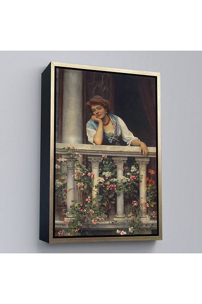 Harita Sepeti Femeie frumoasă care așteaptă iubita pe balcon cu flori într-un cadru de aur