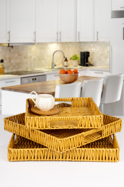 naturelove 3'lü Hasır Model Kare Servis ve Sunum Tepsisi