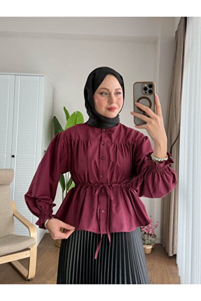 Miraydın Butik Kadın Etek Üstü Belden Büzgülü Gömlek M24140 - Bordo