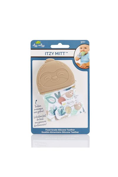 Itzy Rıtzy Silicone Teething Mitt with Adjustable Strap, Crinkle Sound & Textured Silicone - Baby Toy, Sloth