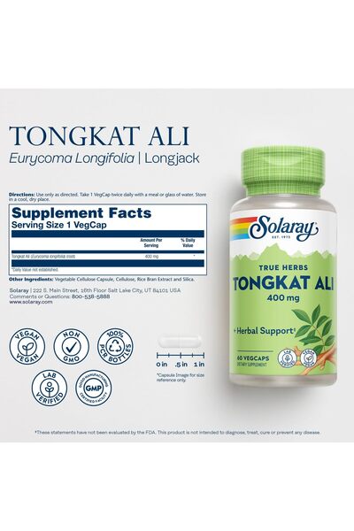 Solaray Tongkat Ali 400mg - Men's Health & Vitality Support - Vegan, Non-GMO, Lab Verified - 60 VegCaps
