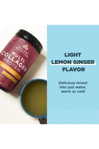 ANCIENT NUTRITION Collagen Powder, Multi Collagen Gut Restore, Lemon Ginger, Apple Cider Vinegar, 8.4 oz