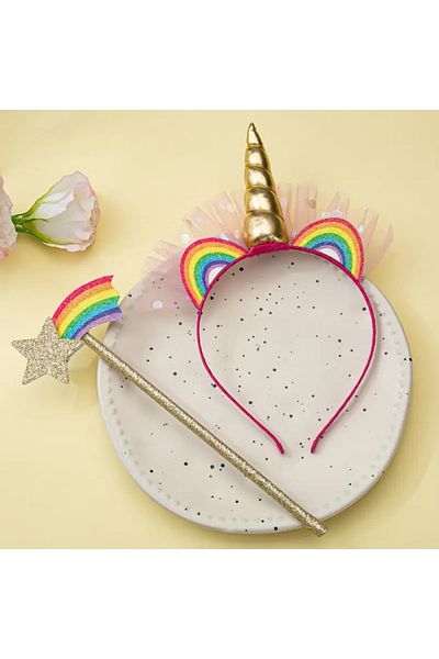 darko Unicorn Gold Yellow Rainbow Hair Band Crown and Wand Σετ 2 Starry Color Δώρο γενεθλίων