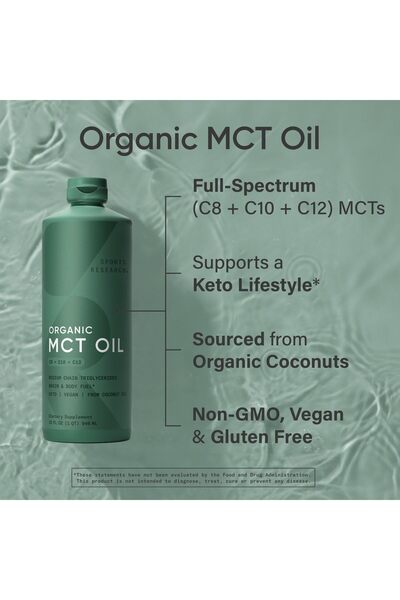 Sports Research Keto MCT Oil from Organic Coconuts - C8, C10, C12 MCTs, Non-GMO Vegan, Unflavored (32 Oz)