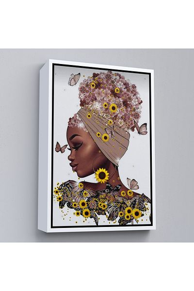 Harita Sepeti African Beautiful Woman in White Framed Flowers Wall Painting
