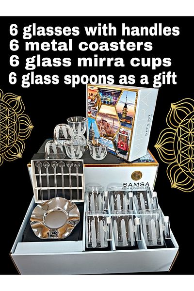 SAMSA White Decor Processing Glass Cup, Metal Plate, Glass Mirra Cup 18 Pieces Set