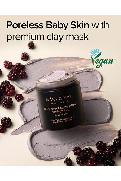mary&mary Vegan Blackberry Glow Wash-Off Mask - Blackhead & Pore Care, Anti-Aging Clay, 4.23oz