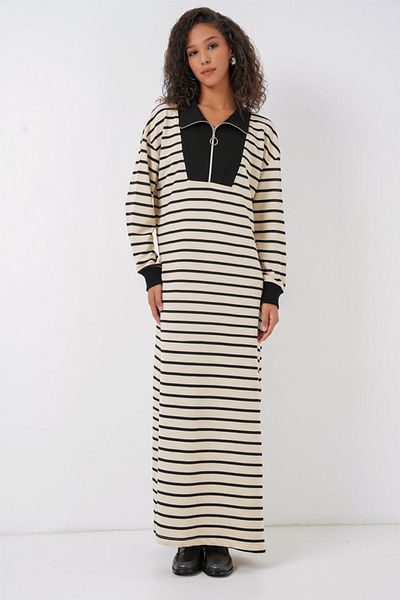 Viyamo 55453 Rochie lungă cu dungi cu fermoar - neagră