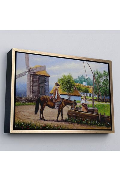 Harita Sepeti Peisaj de sat în cadru de aur Pictură în ulei Vedere Pictură decorativă pe pânză