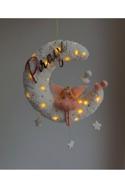 Tasarım Işıklı Ay kapı süsü, peri bebek, keçe kapı süsü, hastane odası kapı süsü