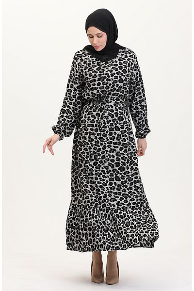 sefamerve Kleid mit Gürtel und Leopardenmuster 0008-01 Schwarz