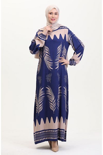 sefamerve Marineblau gemustertes Viskosekleid 0005-01