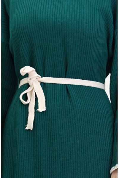 sefamerve Nakış Detaylı Triko Elbise 11040-01 Zümrüt Yeşili