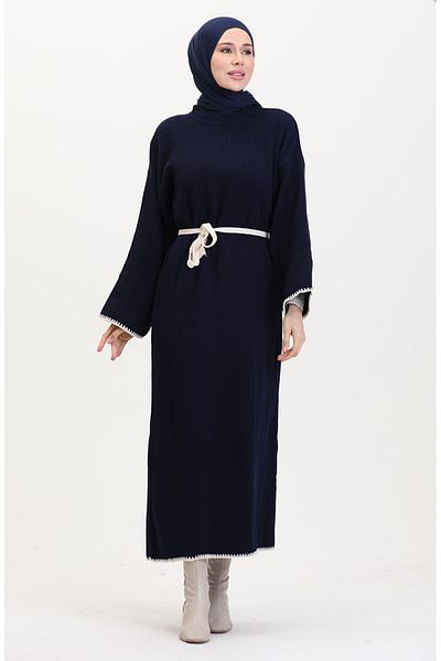 sefamerve Κέντημα Λεπτομερές Πλεκτό Φόρεμα 11040-06 Navy Blue