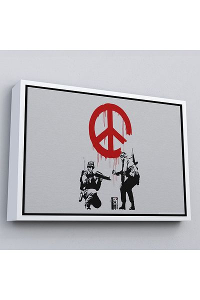 Harita Sepeti White Framed Bansky, Soldiers Making Peace Sign Canvas Print