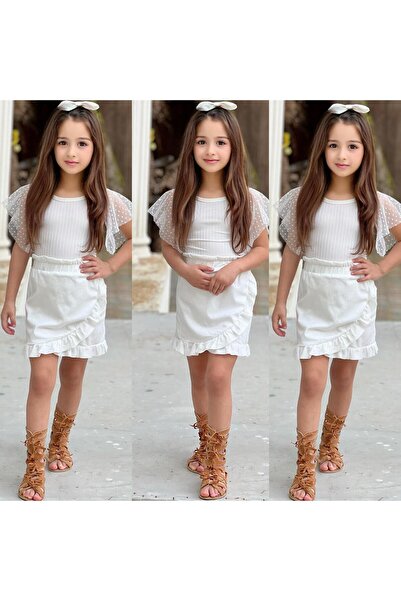 Burçak Butik Girl's White Polka Dot Blouse Skirt 2 Piece Set