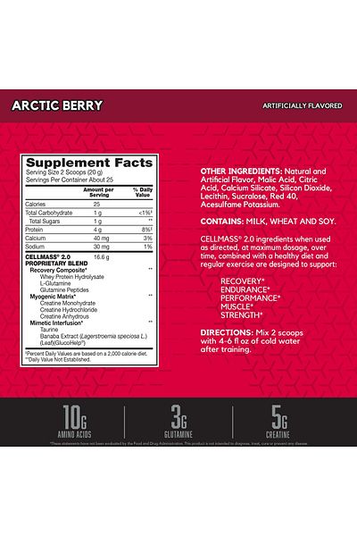 BSN CELLMASS 2.0 Post Workout Recovery - BCAA, Creatine, Glutamine - Arctic Berry (25 Servings)