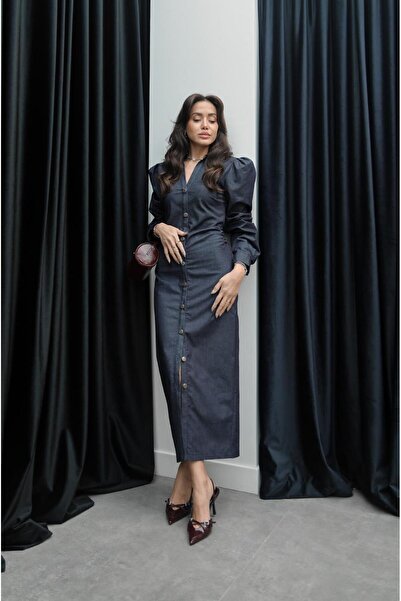 Havoş Navy Blue Gathered Denim Dress