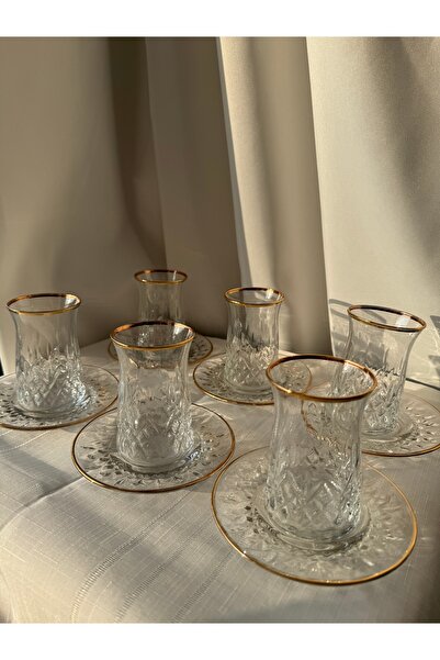 Şahika Kristal cama atılan imza Lara Gold 12 Parça Çay Seti 170ml