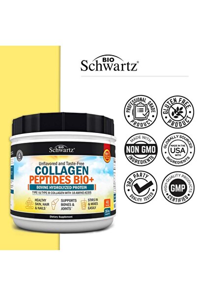 BioSchwartz Collagen Peptides Powder - Grass Fed, Promotes Skin, Hair, Nails, Bone & Joint Health - 16 oz