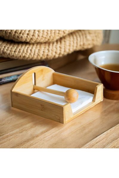 Deconox Bamboo Napkin Holder Square, Bamboo Napkin Holder with Wind Protection Apparatus Stylish and Durable Design 18X18X5Cm