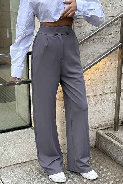 Sun Victoria Kadın Gri Likralı Cırt Kapama Rahat Palazzo Pantolon