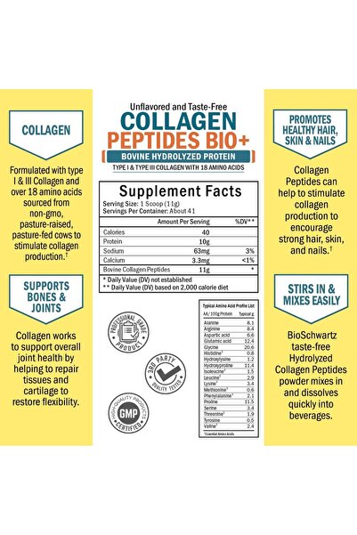 BioSchwartz Collagen Peptides Powder - Grass Fed, Promotes Skin, Hair, Nails, Bone & Joint Health - 16 oz