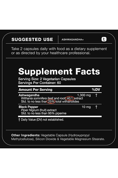 Toniiq Ashwagandha - 40:1 Extract, 25% Withanolides, Wild Harvested, Lab Tested - 120 Capsules