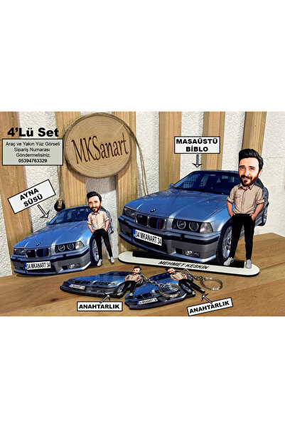 MK Sanart Kişiye Özel Arabalı Karikatür Biblo, Ayna süsü , 2 Anahtarlık Set, ...