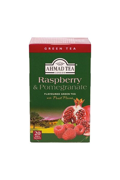 Ahmad Tea شاي أخضر، توت العليق والرمان، 20 كيسًا (عبوة واحدة) - خالي من الكافيين والسكر