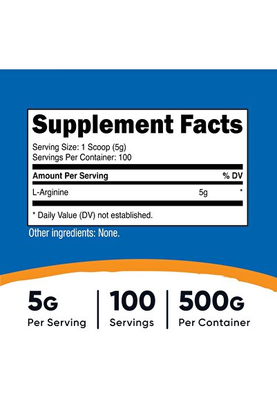 Nutricost L-Arginine Powder 500 Grams (1.1lbs) - Pure L-Arginine Powder - 5000mg Per Serving; 100 Servings