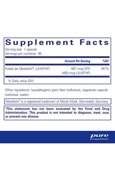 Pure Encapsulations Folate 400 | Metafolin L-5-MTHF Supplement for Cardiovascular, Cellular & Neural Health* | 90 Caps