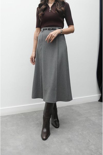 Havoş Gray Perkins Belted Slit Skirt