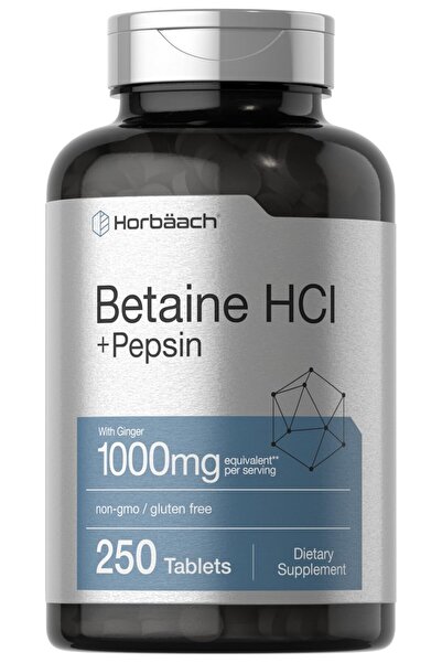 Horbaach Betaine HCl with Pepsin | 1000mg | 250 Tablets | Non-GMO, Gluten Free
