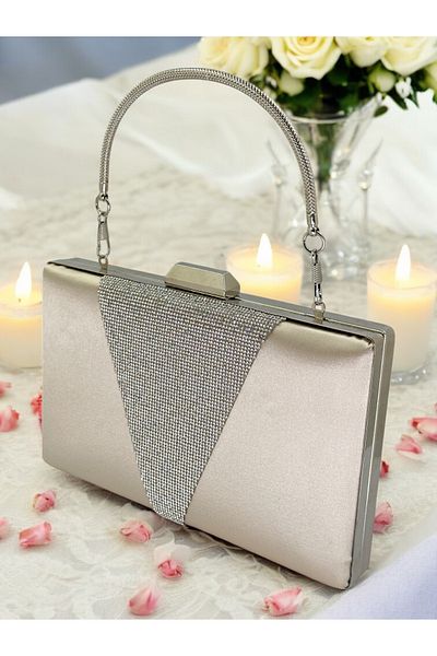 Biçanta Skin Satin Silver Stone Μεταλλική λαβή Βραδινή τσάντα Τσάντα αρραβώνων Τσάντα γάμου