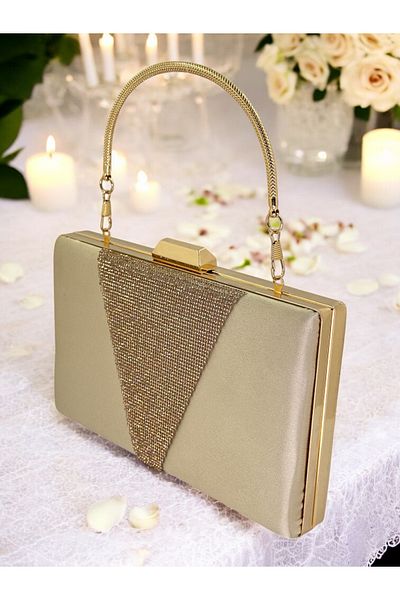 Biçanta Nude Satin Rosegold Stone Μεταλλική λαβή Βραδινή τσάντα Τσάντα βραδινής τσάντα αρραβώνων Τσάντα γάμου