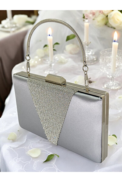 Biçanta Gri Saten Gümüş Taşlı Metal Saplı Abiye Çanta Gece Çantası Nişan Düğü...