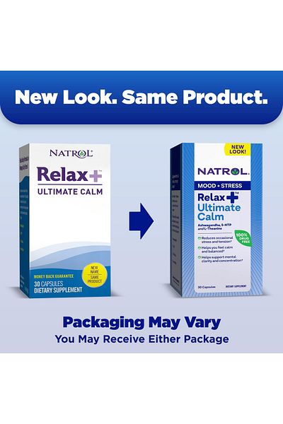 Natrol Relax+ Ultimate Calm with Ashwagandha, 5-HTP, L-Theanine, Stress Relief, 30 Capsules