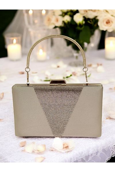 Biçanta Nude Satin Gold Stone Μεταλλική λαβή βραδινή τσάντα βραδινή τσάντα αρραβώνων Τσάντα γάμου