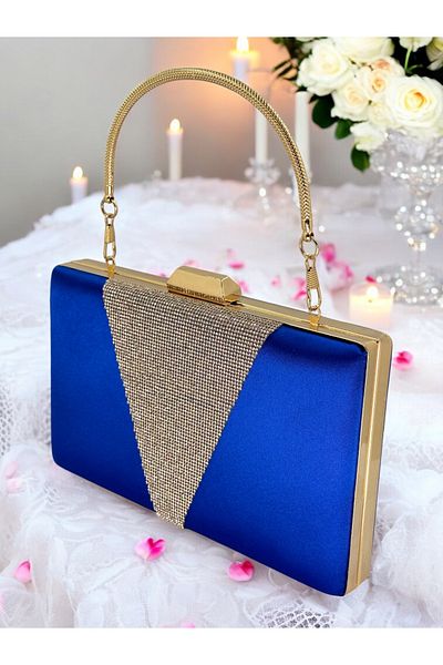 Biçanta Saks Blue Satin Gold Stone Mâner metalic Geanta de seara Geanta de seara Geanta de nunta de logodna