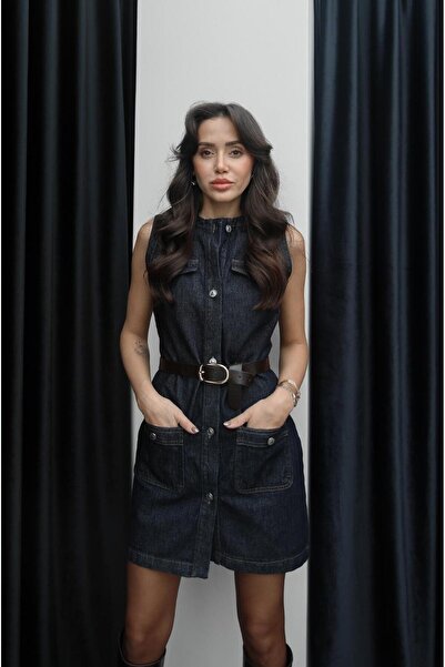 Havoş Dark Blue Denim Dress with Metal Buttons