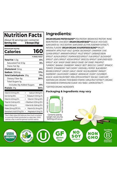 Orgain Organic Vegan Protein + 50 Superfoods, Vanilla Bean - 21g Plant Protein, 2.02 lb