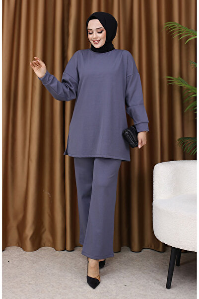 sefamerve Set din două piese tunică și pantaloni cu nervuri gri 5570-07