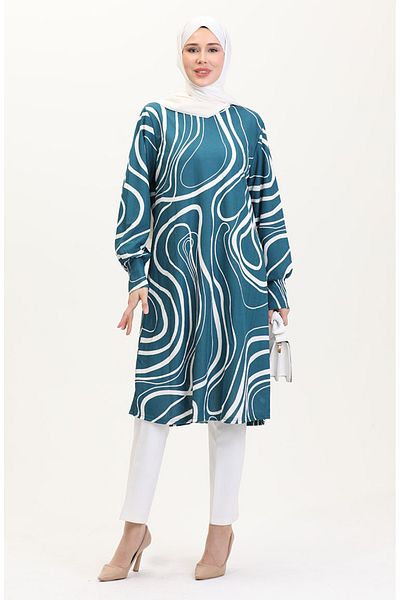 sefamerve Large Size Patterned Tunic 1129-03 Petrol