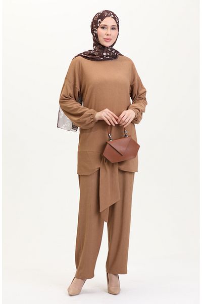 sefamerve Front Tie 7680-03 Milky Brown Tunic and Pants Double Set